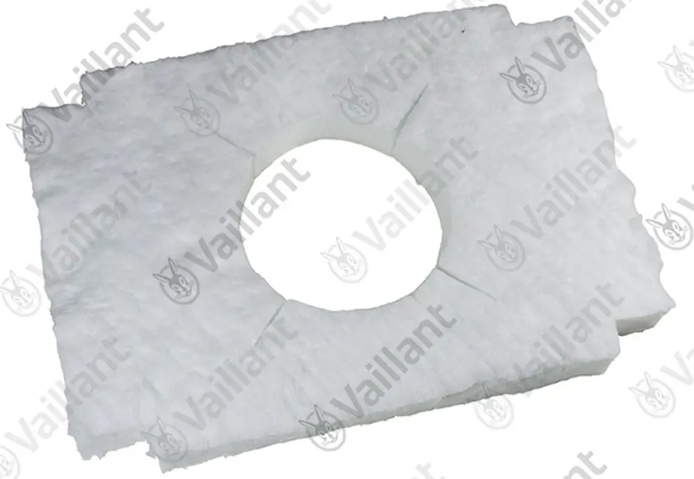 Vaillant Isolierplatte mit zentralem Loch, aus weißem Material, im zweilagigen Format. Sie dient zur Wärmeisolierung in verschiedenen Anwendungen.